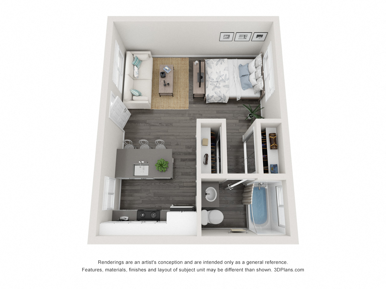 Floor plan for studio, 1 bath, 400 sqft